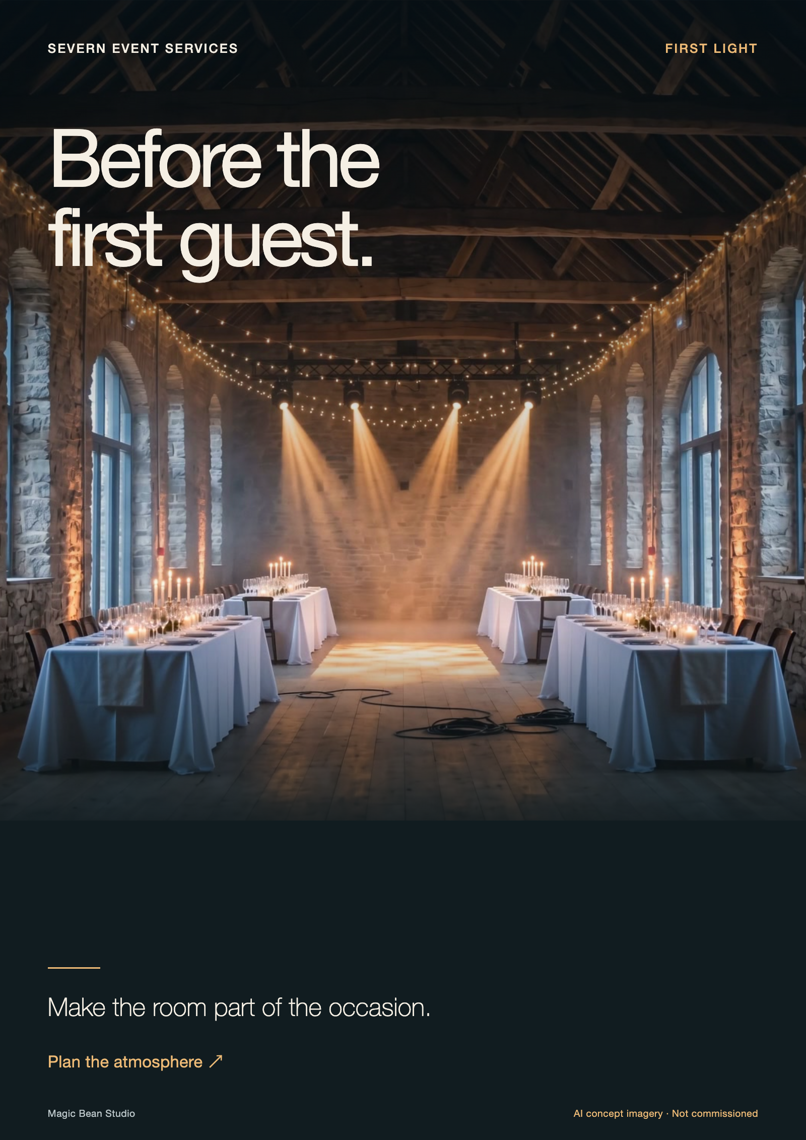 First Light poster: Before the first guest, above an amber-lit barn