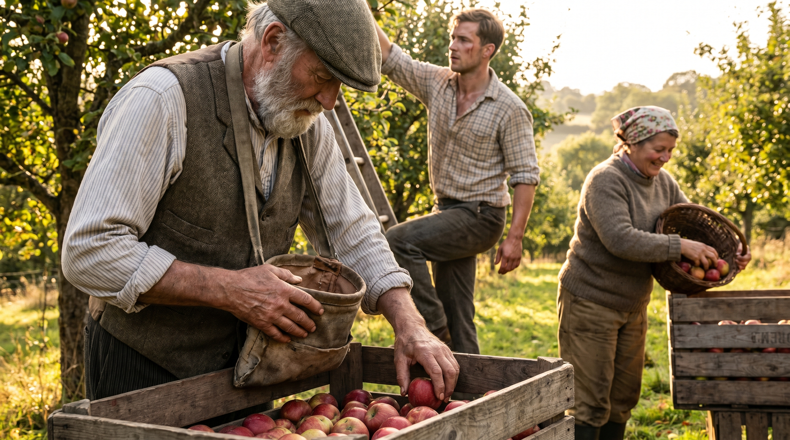 Golden orchard harvest scene from an AI film concept